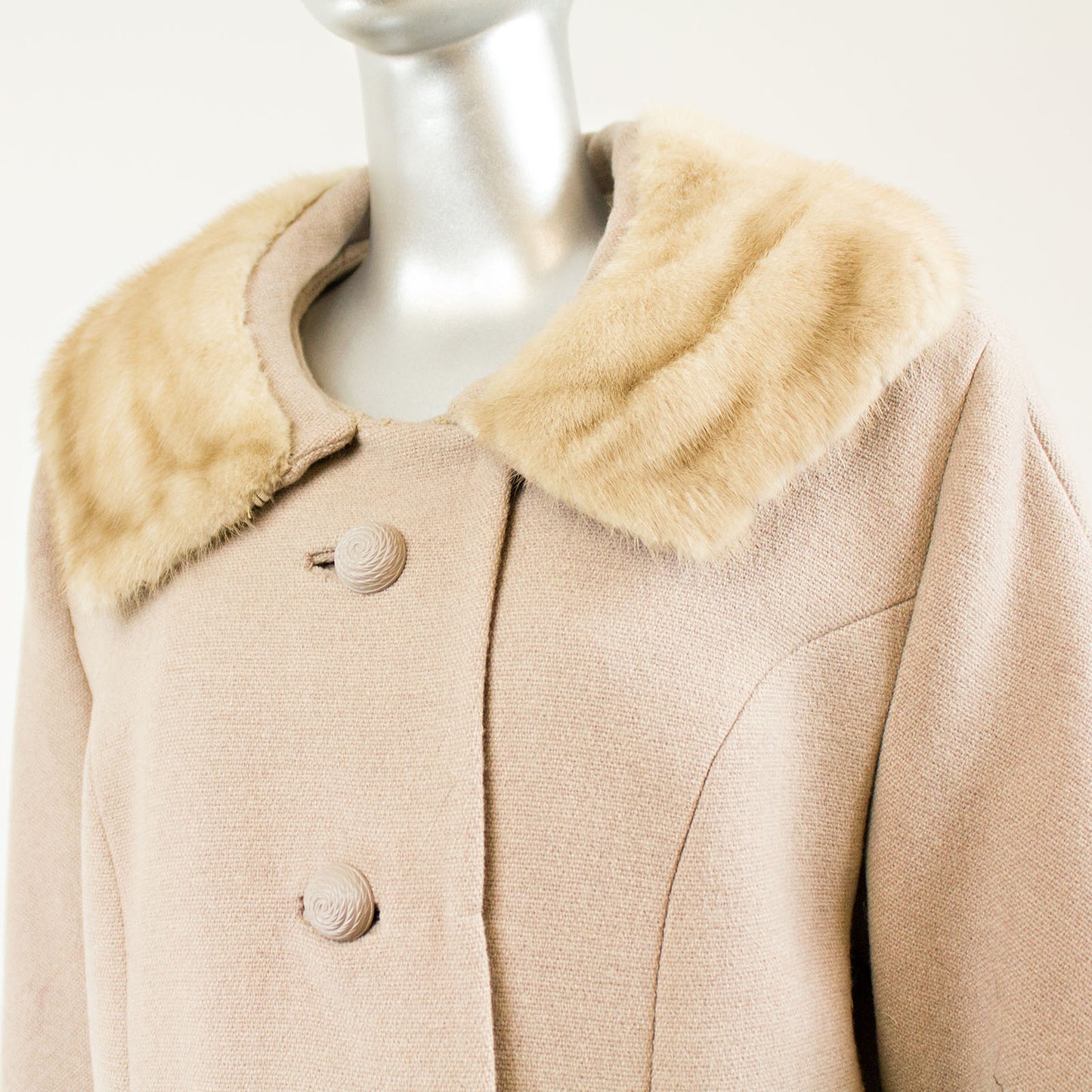 Taupe Cloth Coat Pastel Mink Collar - Size L (Vintage Furs)