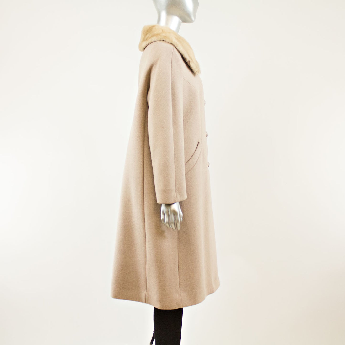 Taupe Cloth Coat Pastel Mink Collar - Size L (Vintage Furs)