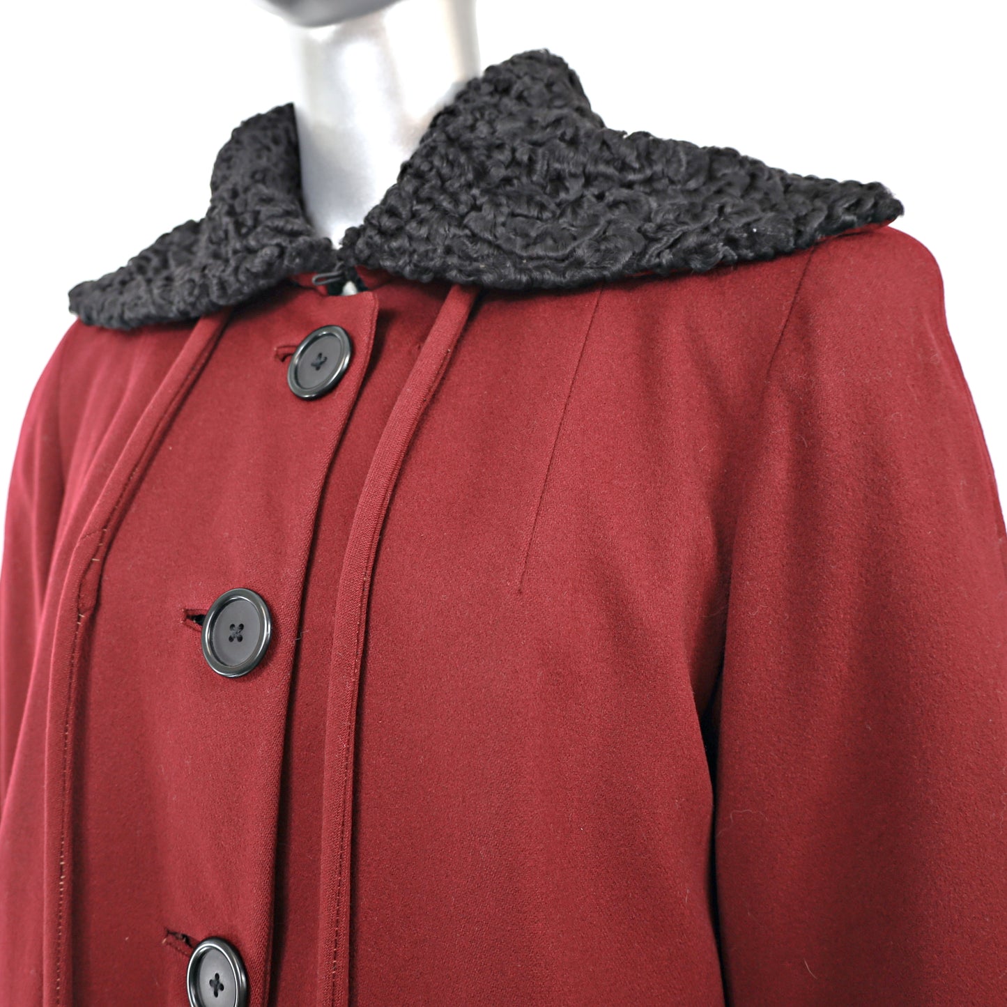 Burgundy Wool Coat with Persian Lamb Trim- Size L